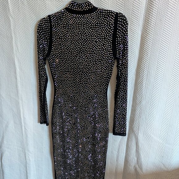 Banjul Black Rhinestone Beaded Long Sleeve Bedazzled Bodycon Midi Dress Medium - Picture 9 of 16